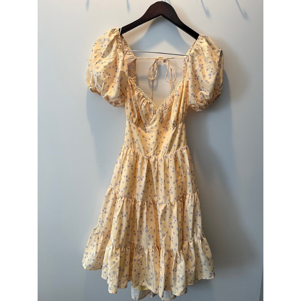 Princess Polly Yellow floral puff sleeve tiered mini dress - Small